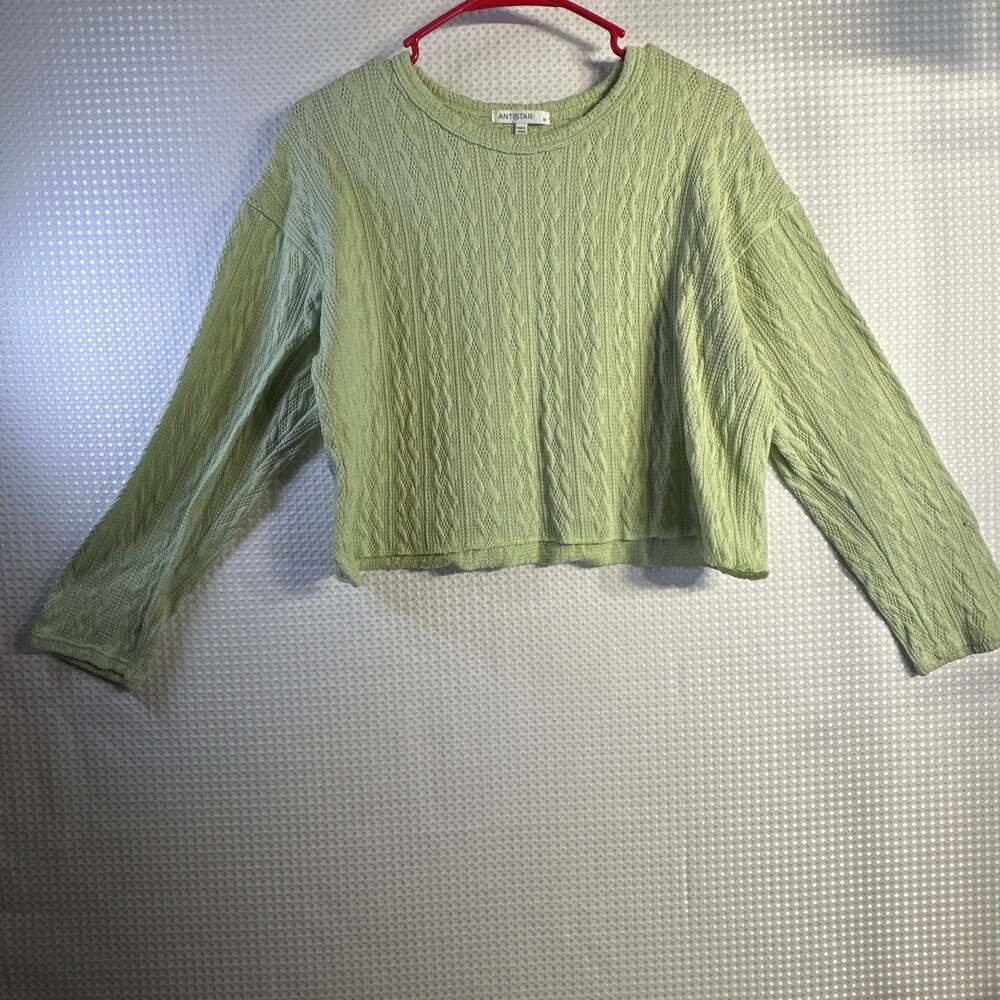 Antistar Lime Green Cotton Cropped Cable Knit Sweater